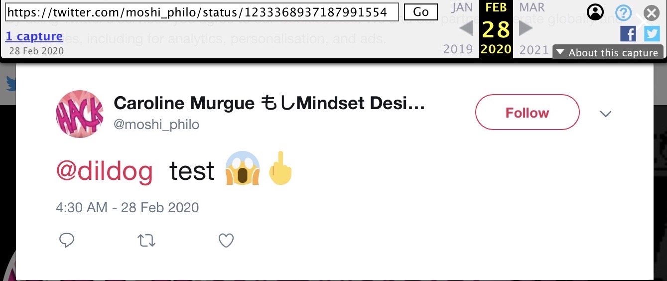 28 Feb 2020 tweet from @moshi_philo: The words '@dildog test' followed by the 'screaming in horror' emoji, and the 'raised middle finger' emoji.